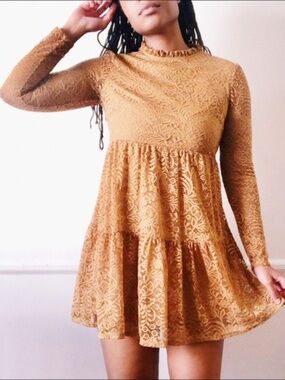 Gold Lace Long Sleeve High Neck Tiered Babydoll Dress